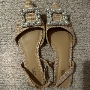 Zara beige pearl raffia slingback flats